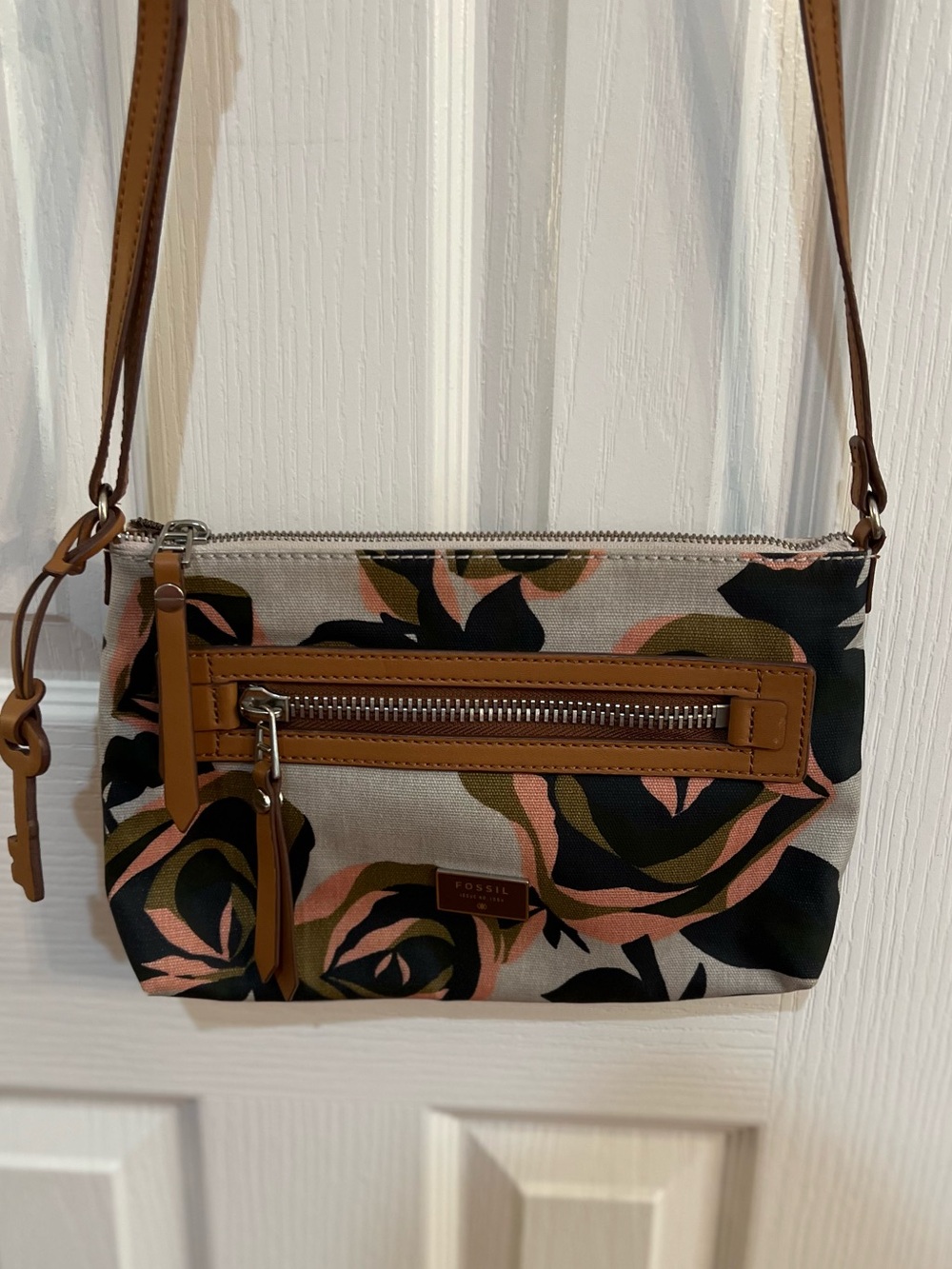 Fossil Grey Crossbody with Pink and Black Floral Print